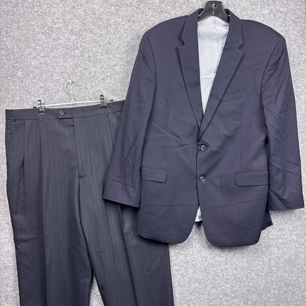 Tommy Hilfiger Mens 44R‎ Blue Pinstripe 100% Wool 2 Button Suit Pleated 38x29
